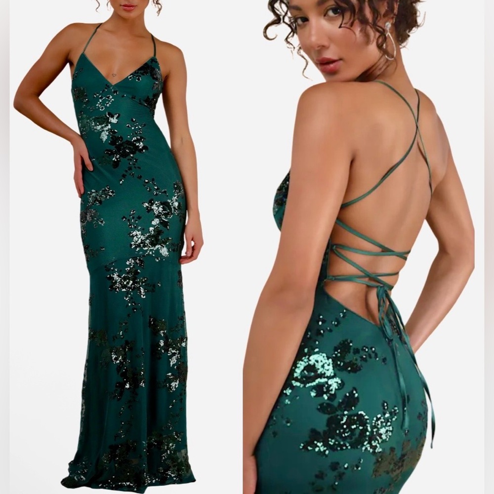 NWT LULUS Valhalla Forest Green Sequin Lace-Up Long Maxi Dress Emerald XS/0 NEW